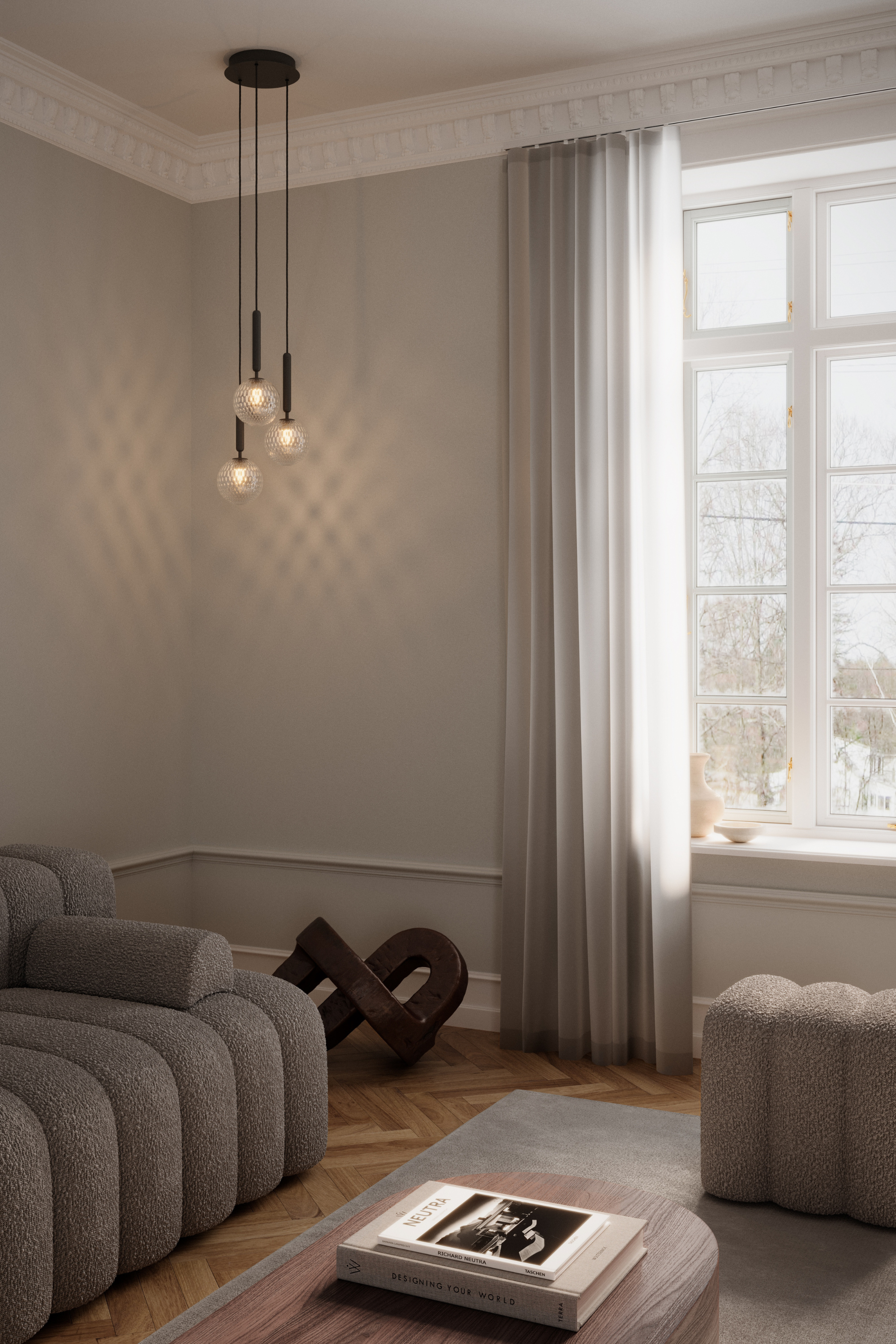 Miira 3, rock grey/optic clear chandelier
