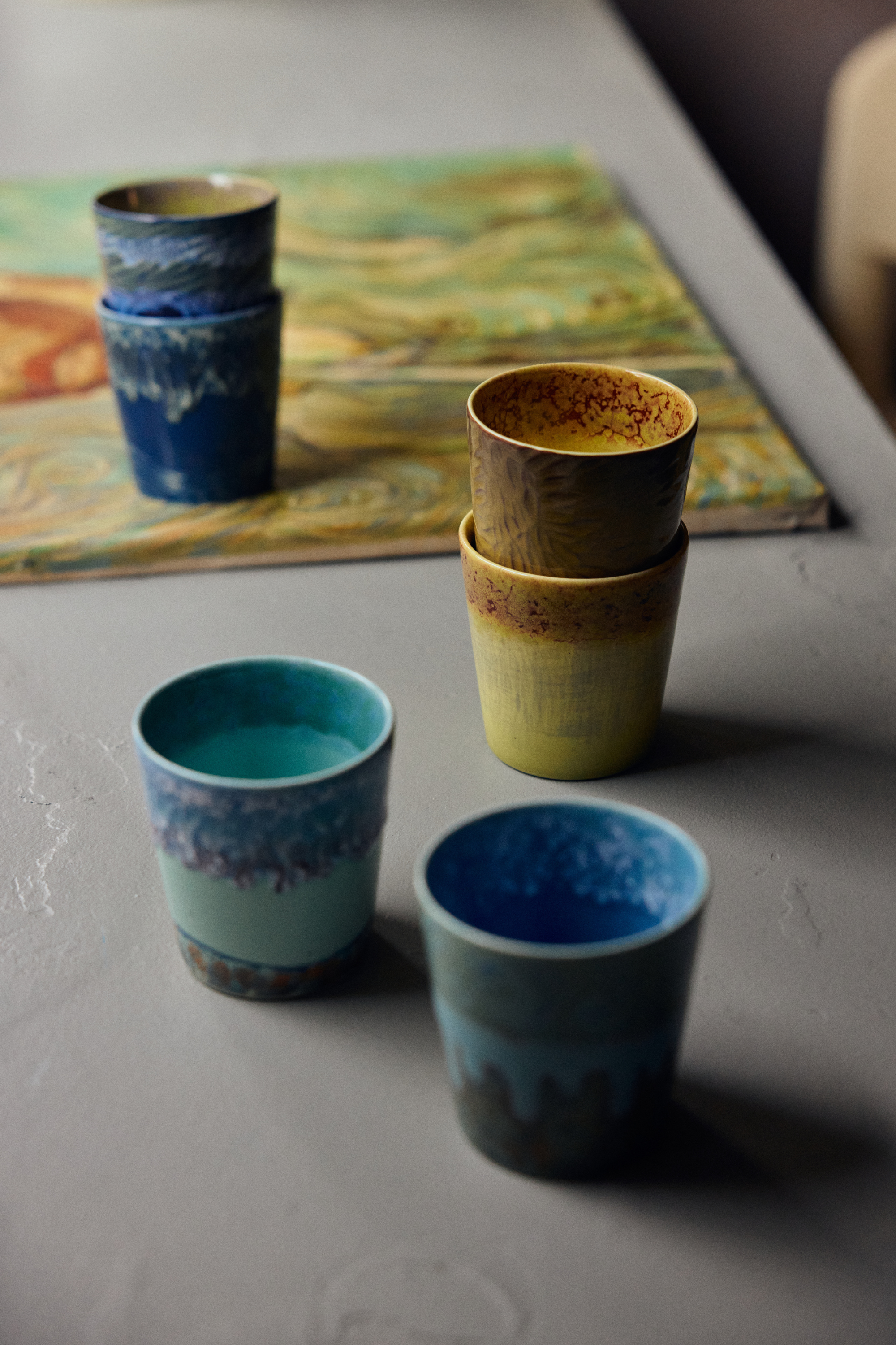 70s ceramics: Van Gogh coffee mugs - sunflowers, set of 2