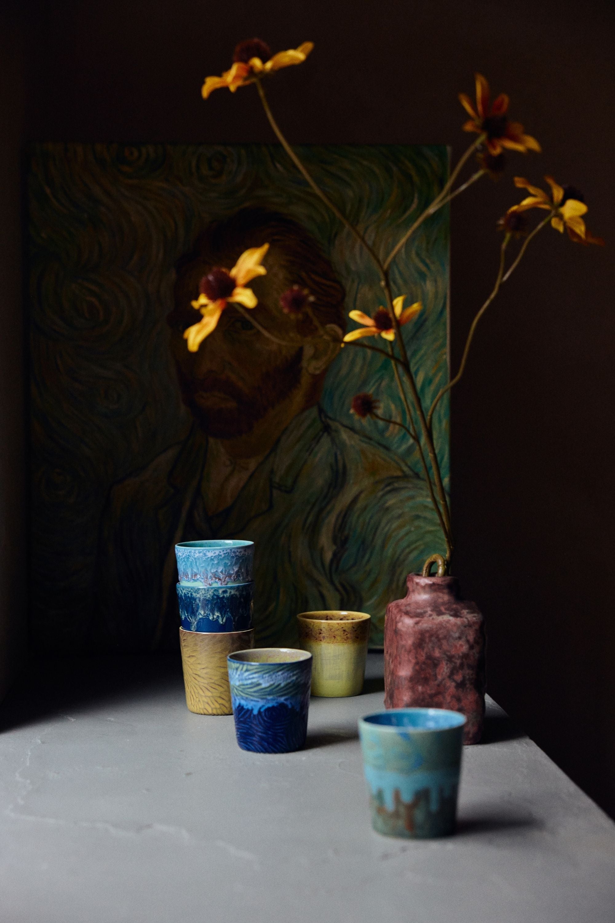 70s ceramics: Van Gogh coffee mugs starry night, set of 2