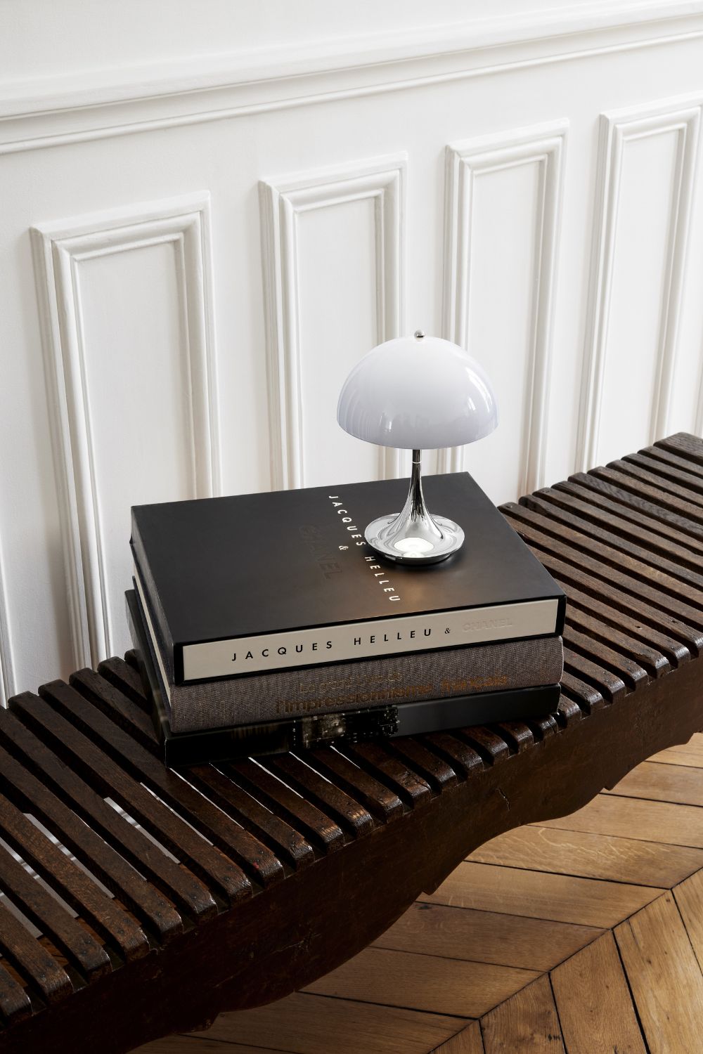 Panthella 160 Portable Lamp Chrome Opal and Blue Grey | Louis Poulsen | Home of Solinfo