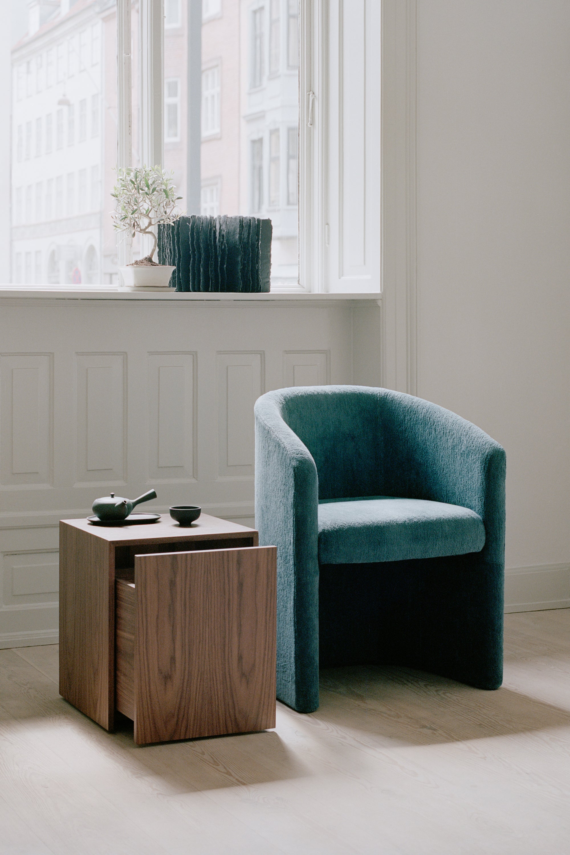 Mass Walnut Side Table with Drawer