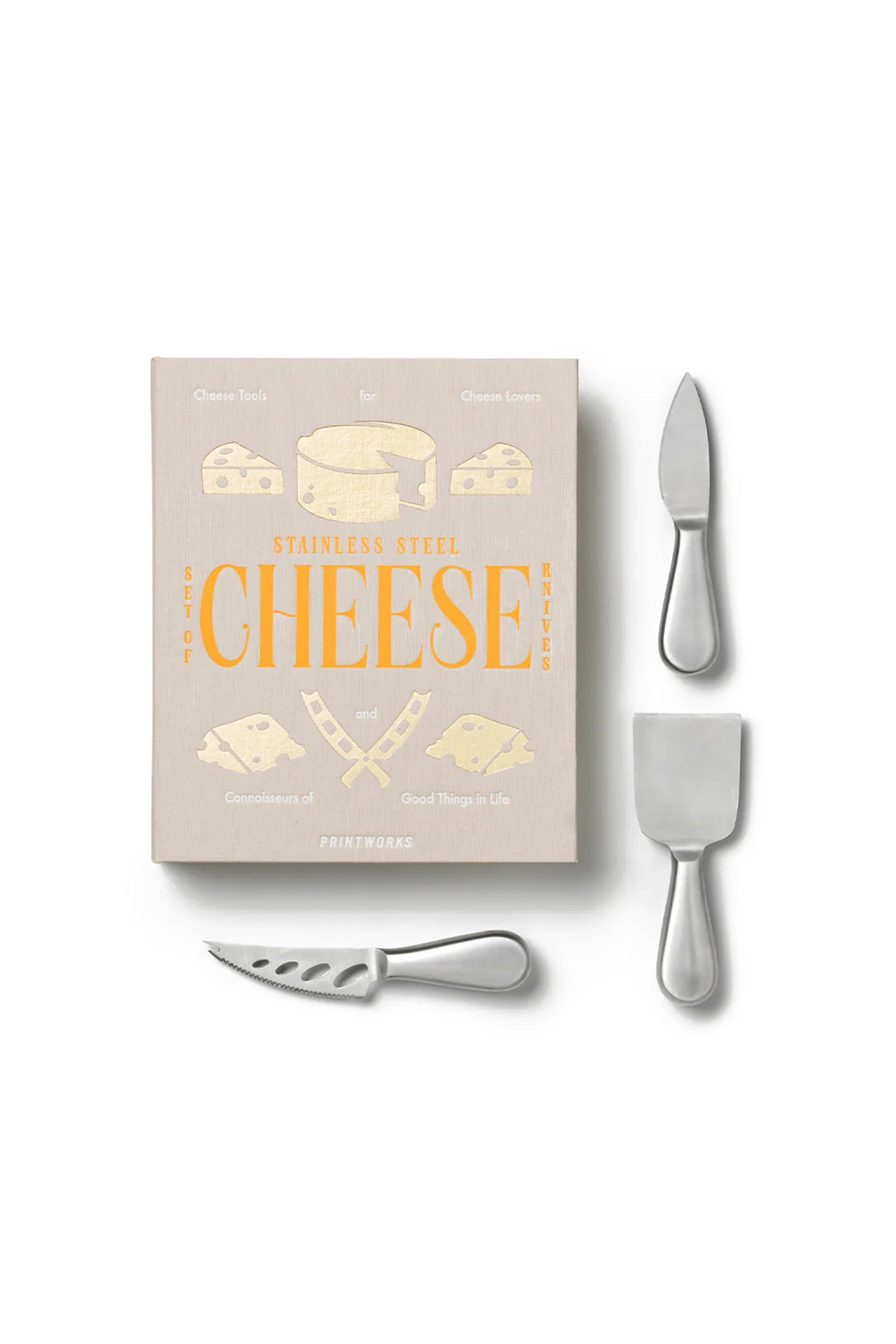 Cheese book with cheese knives on a white background