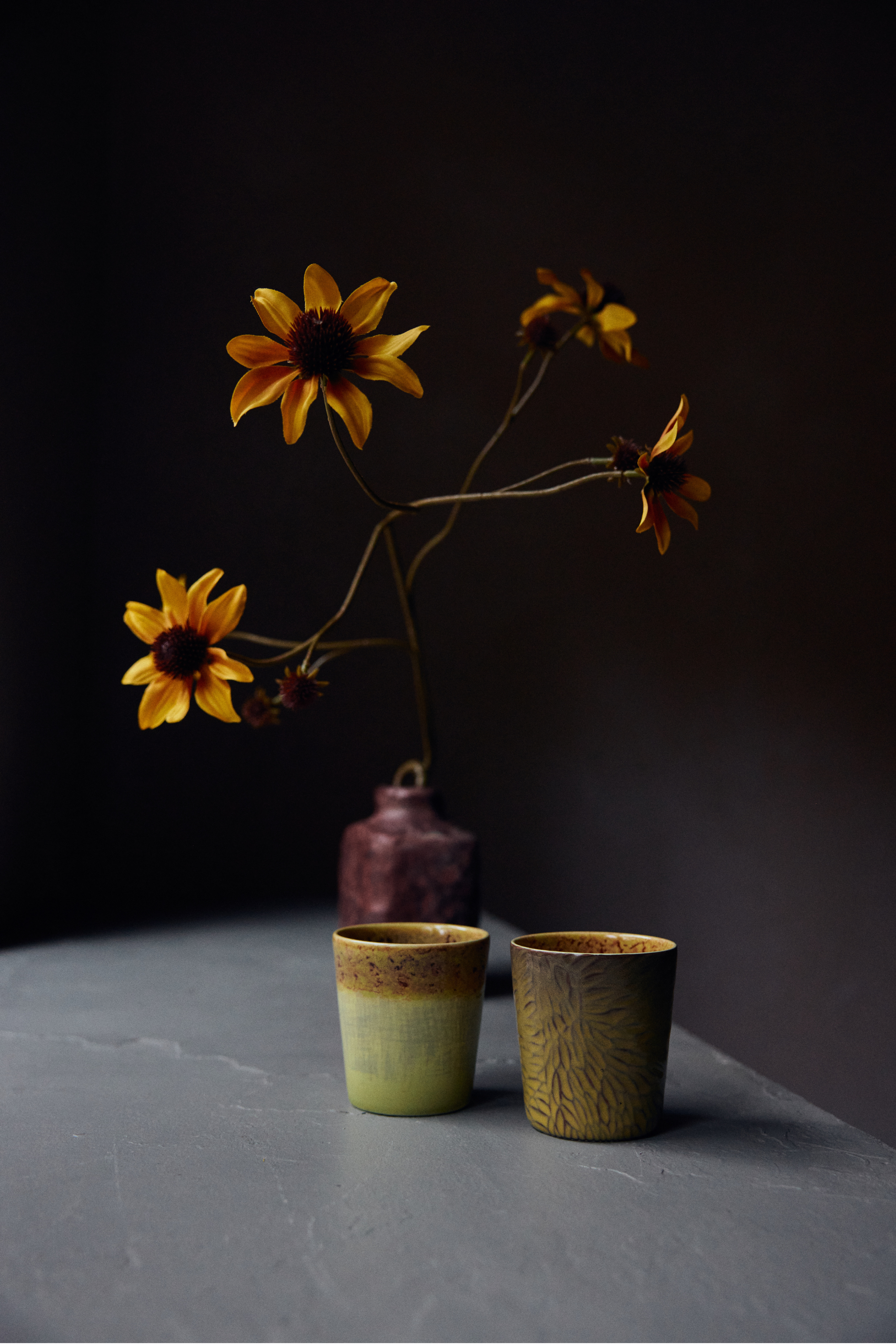 70s ceramics: Van Gogh coffee mugs - sunflowers, set of 2