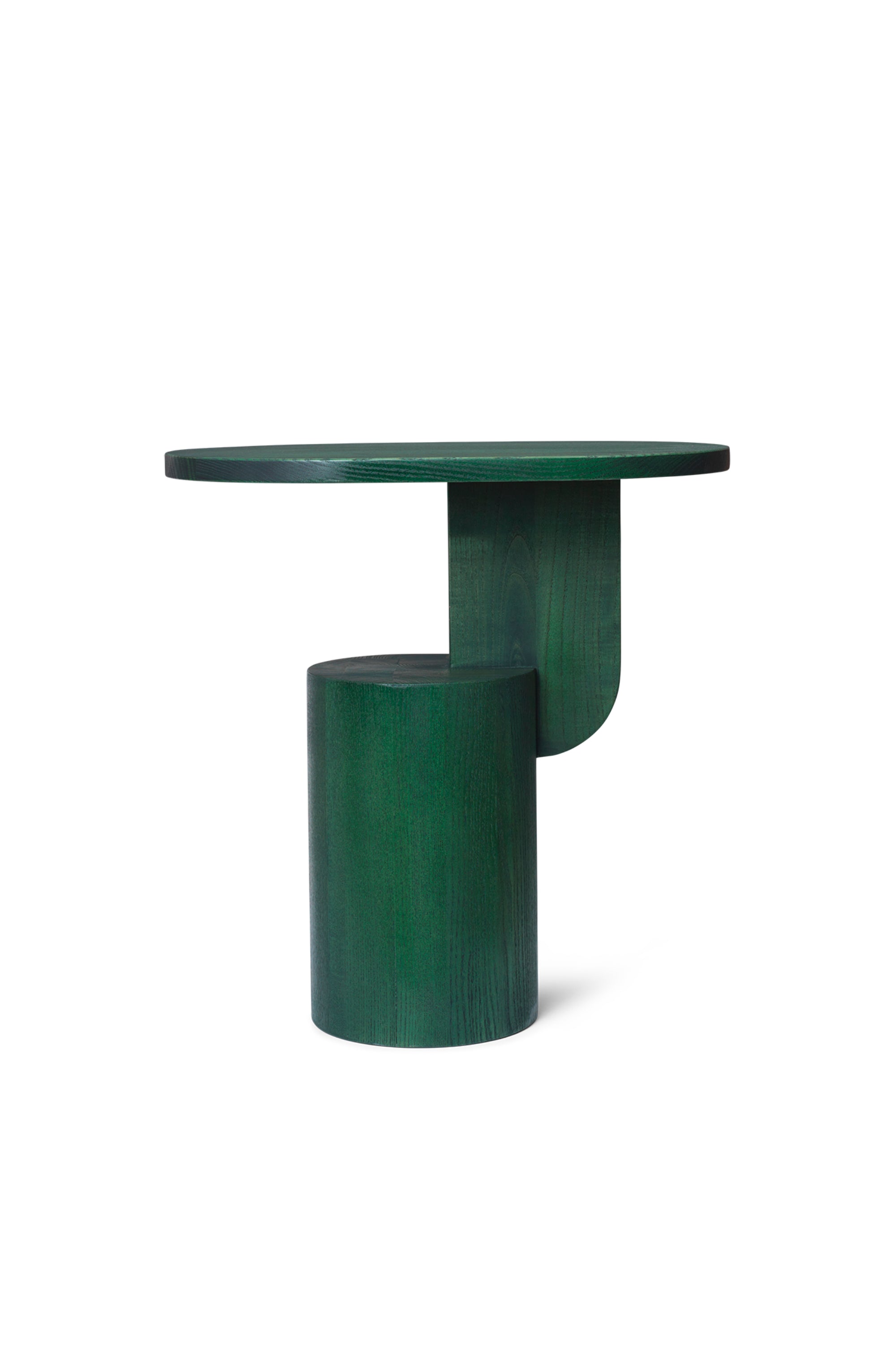 Green side table with cylindrical base on a white background