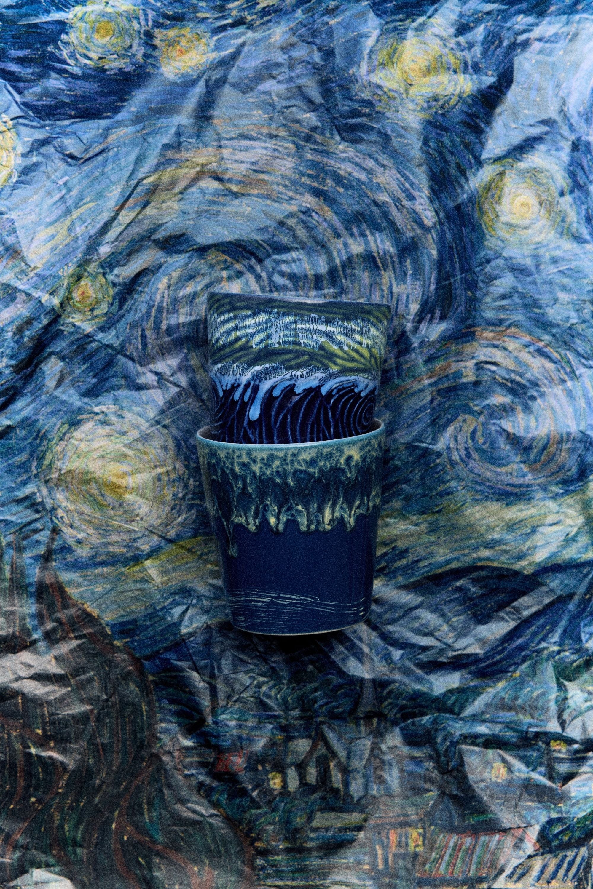 70s ceramics: Van Gogh coffee mugs starry night, set of 2