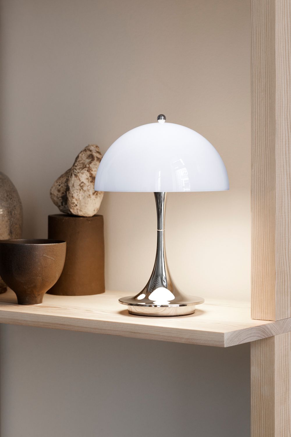 Panthella 160 Portable Lamp Chrome Opal and Blue Grey | Louis Poulsen | Home of Solinfo