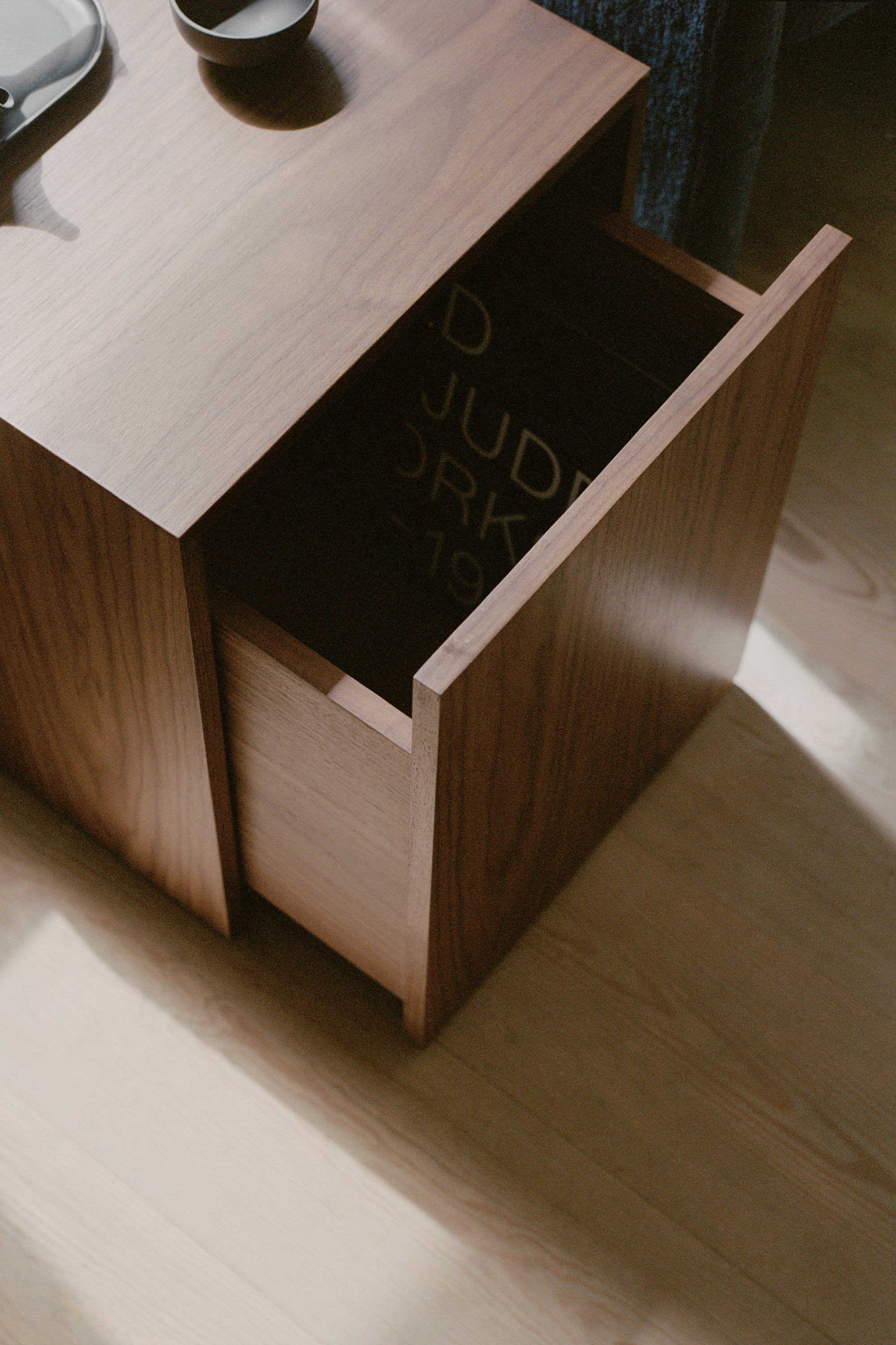 Mass Walnut Side Table with Drawer